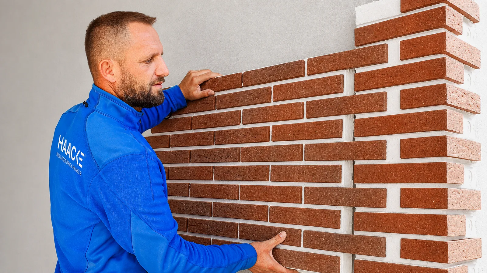 Haacke Mitarbeiter setzt ein Isolierklinker-Element an die Wand